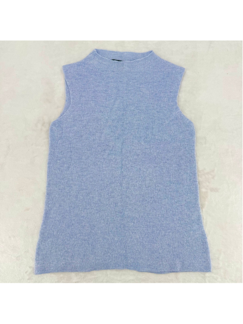 Eileen Fisher Ribbed Sleeveless Sweater Funnel Neck Wool Blend Periwinkle Blue M